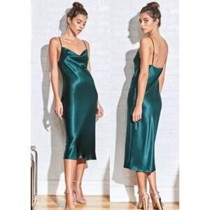 Fleur du Mal 100% Silk Sleeveless Cowl Neck Midi Slip Dress Green Women's Size S